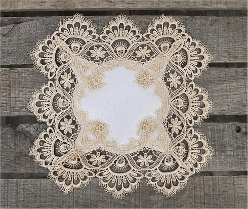 Gold European Lace and Antique Jacquard Fabric Doily - 14 Inch Square Placemat