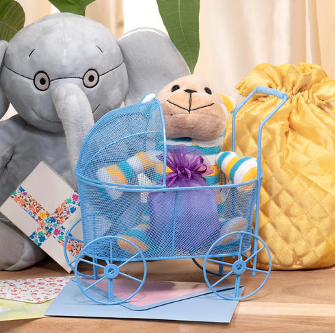 8-inch Red Co. Adorable Baby Shower Centerpiece, Decorative Stroller Carriage Basket, Blue