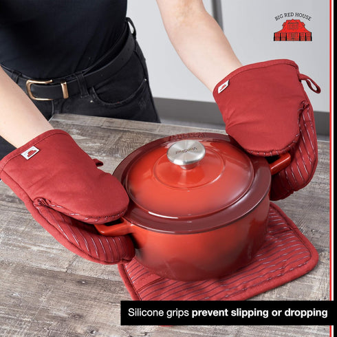 Big Red House Silicone Mini Oven Mitts - Red - Set of 2 - Heat Resistant Kitchen Gloves for Cooking Baking