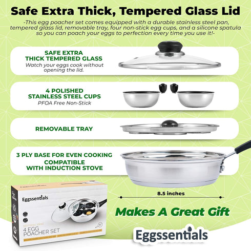Egg Poacher - Eggssentials Poached Egg Maker, Stainless Steel Egg Poaching Pan, Poached Eggs Cooker Food Grade Safe
