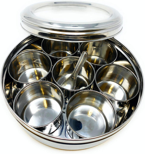 7 (9.2in 3in) Packed Rani Spice Box Stainless Steel Transparent Round Storage For Spices (Masala Dabba) Compartments