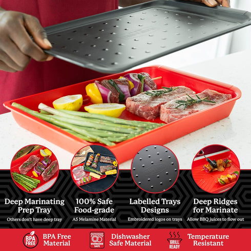 BLAZIN' GRILL Prep and Serve Trays, Set of 2 Stackable Melamine Trays for Serving and Marinating Food, BBQ Prep Tub