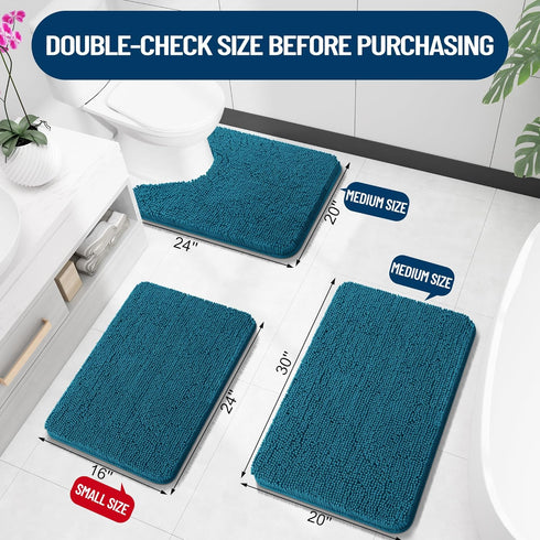 OLANLY 24x16 Bathroom Rugs, Extra Soft Chenille Bath Mats, Non-Slip, Quick Dry, Machine Washable, Peacock Blue