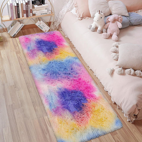 Pink Rainbow Tie Dyed Rug 2x6 ft, Plush High Pile Shag Carpet, Soft Runner for Bedroom Living Room Nursery Decor