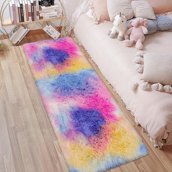 Pink Rainbow Tie Dyed Rug 2x6 ft, Plush High Pile Shag Carpet, Soft Runner for Bedroom Living Room Nursery Decor