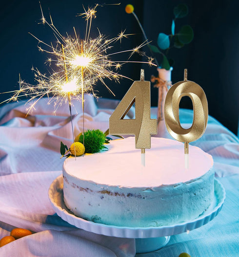 Bailym Gold Number 40 Birthday Candles - Cake Topper for 40th Birthday Decorations Party