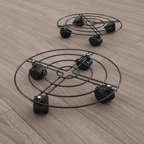 Set 2 12 Metal Plant Caddy- of Round Pot Stand on Wheels- Black Rolling Tray, Locking Casters, Rustproof