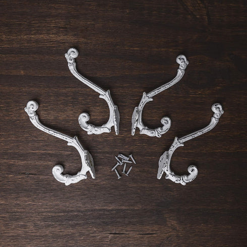 CRAFTSMAN ROAD Vintage Cast Iron Wall Hooks, Antique White Finish, Set of 4 - Rustic Coat Hooks for Coats, Bags, Towels