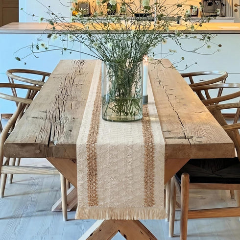 Farmhouse Decor Boho Table Runner with Macrame, Elegant Beige Brown Coffee Table