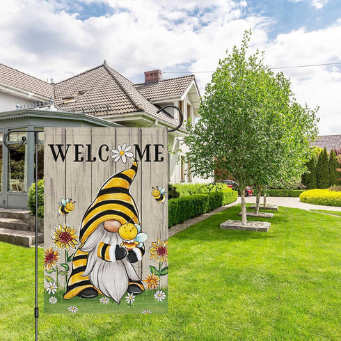 Welcome Summer Gnome Garden Flag, Spring Summer Bee Sunflower 12x18 Double Sided Burlap House Flag