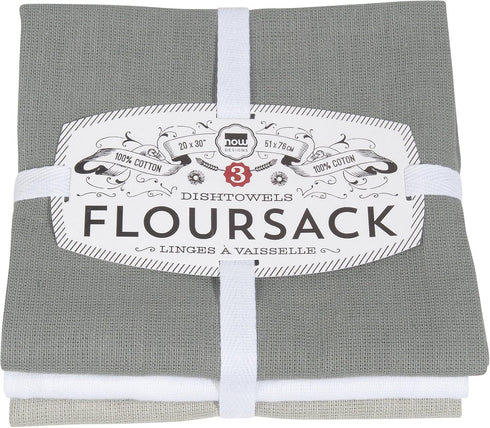 Now Designs Floursack Kitchen Dish Towels, Gray/White/Moonstruck, 20 x 30in, Set of 3