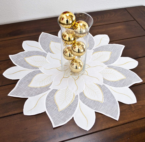 Embroidered Holiday Christmas White and Gold Star Poinsettia Doily Place Mat Small Table Topper (23 Inch Round)