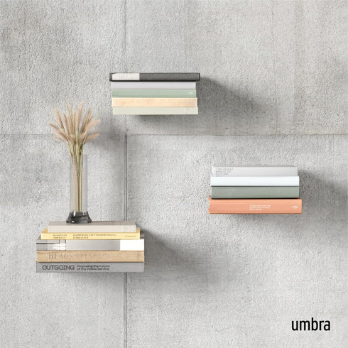 Set 3 Umbra Conceal, Sturdy Metal Floating Bookshelf for Wall, Silver, Small