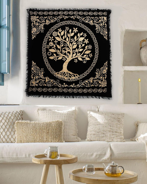 Indian Consigners Altar Cloth, 18" Square Celtic Tree of Life Wica Spread Decor for Tarot Witchery