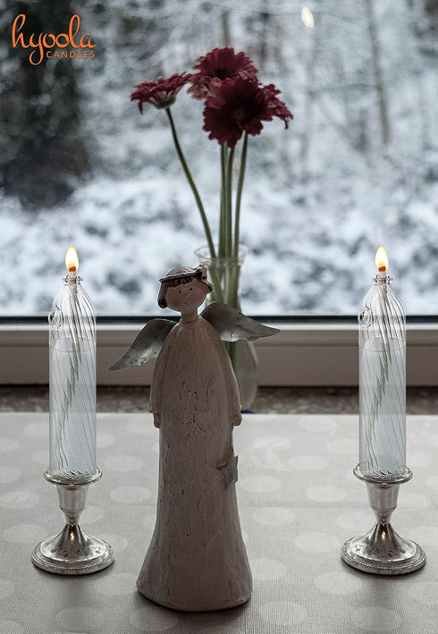 Ner Mitzvah Glass Paraffin Shabbat Candle Holder Cup & Wick, Lined Candle Shape, 2 Pack, 4”H (10cm)