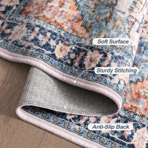 Vintage Rug 2x3, Washable Non-Slip Small Area Rug, Distressed Blue/Beige Print Door Mat for Entryway Kitchen