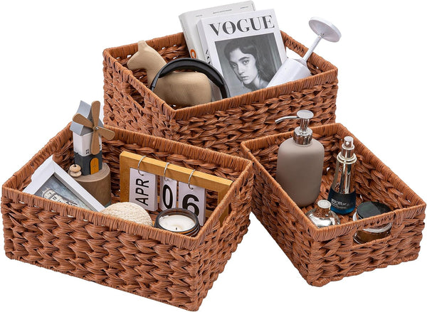 Set of 3 Wicker Storage Baskets with Built-in Handles - Multipurpose Nesting Baskets for Kitchen, Bathroom, Closet