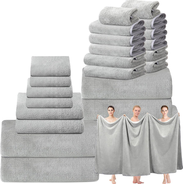 Mixweer 24 Piece Light Grey Microfiber Absorbent Towel Set: 2 Oversized Bath
