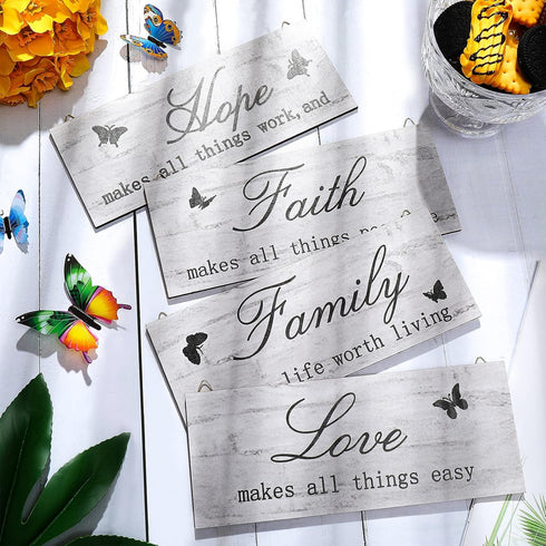 4 Pieces Faith Love Hope Family Wood Sign, Rustic Wooden Home Wall Sign for Front Porch Door