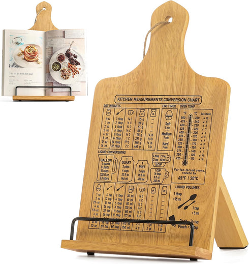 Cookbook Stand, Rustic Wood Holder with Measurement Conversion Chart, Adjustable Recipe Ipad Tablet Book Holder for