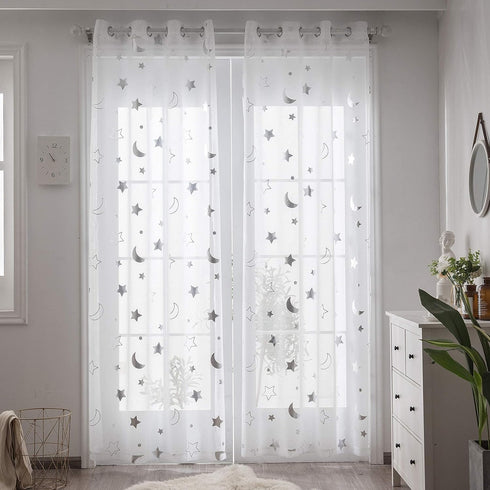 Grommet 84 Inch Set 2 Twinkle Moon Curtains Sheer Silver for Baby Nursey Room - Star and Moon Lace Curtains for Living