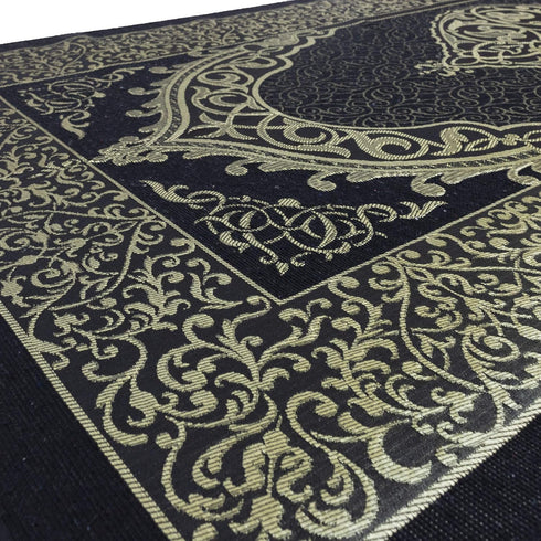 Modefa Islamic Prayer Rug Thin Woven Chenille and Taffeta Turkish Sajadah Intricate Design Metallic Ottoman Mat (Black