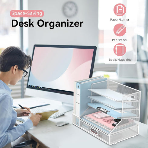 SUPEASY Desk Organizer with File Holder, 5-Tier Mesh Paper Letter Tray with Pen Holder and Drawer for Office Supplies