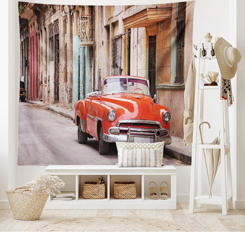 Ambesonne Cars Tapestry, Classical American Car in Street with Houses, 80" X 60", Orange Sand Brown