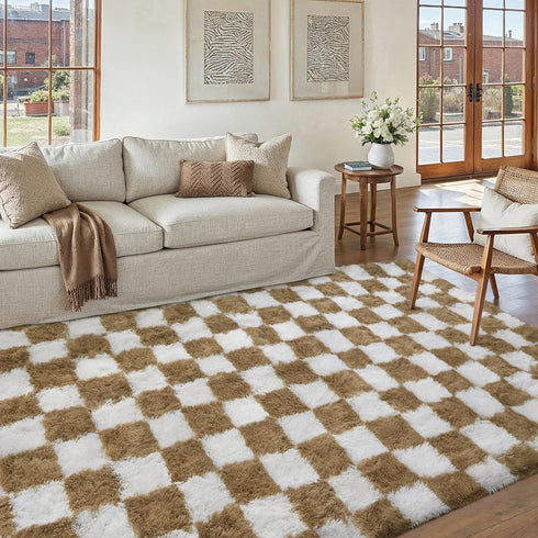 PureCozy 5x8 Checkered Rug for Living Room, Brown and White Modern Shag Rugs Super Soft Washable Indoor Office Fuzzy