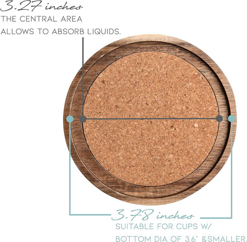 4.13 Inch, Set 6, S1EGAN Acacia Wood Coasters for Drinks, of Absorbent and Insulation Cork Stackable Cup Holders