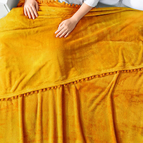 Cozy 50x60 Inches PAVILIA Fleece Throw Blanket for Couch with Pom Pom Fringe, Mustard Yellow, Soft Fuzzy Flannel