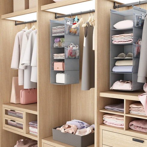 MAX Houser 5 Shelf Hanging Closet Organizer - Space Saver with (4) Side Pockets, Foldable, Light Grey
