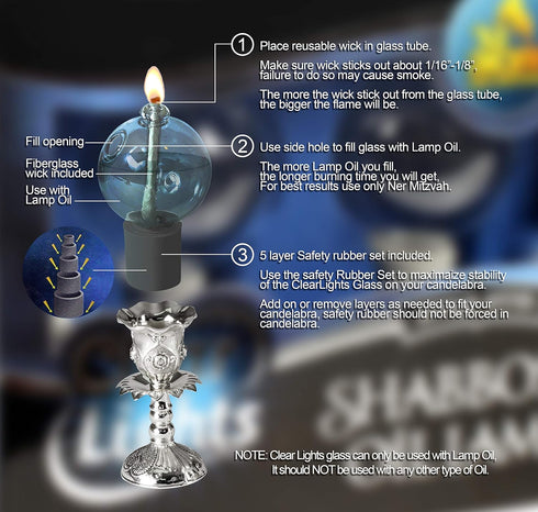 Ner Mitzvah Glass Paraffin Shabbat Candle Holder Cup and Wick - Ball Shape, 2 Pack - Elegant Design
