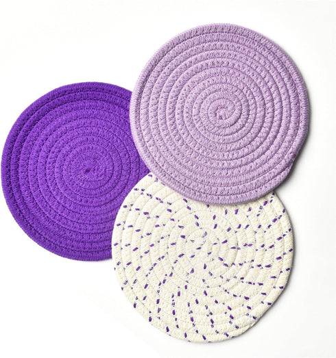 Pot Holders Set Trivets Set 100% Pure Cotton Thread Weave Hot Pot Holders Set (Set of 3) Stylish Coasters, Hot Pads, Hot Mats, Spoon Rest For Cooking and Baking by Diameter 7 Inches (Purple) by Jennice House