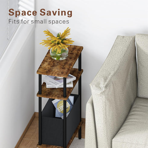 Newmics 3-Tier Narrow Side Table with Fabric Basket, End Table for Small Spaces, Slim Nightstand with Storage Shelf