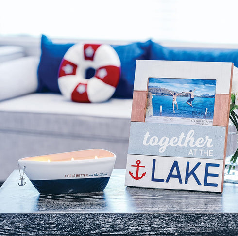 Pavilion Gift Company Life is Better 10 Oz Triple Wick Candle in Ceramic Boat Dish, Blue, 67770