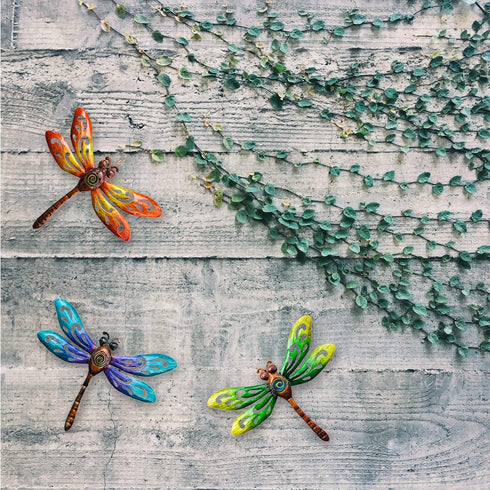 wotieuns 3 Set Metal Dragonfly Wall Decoration, Outdoor Art for Garden Fence, Living Room, and Porch