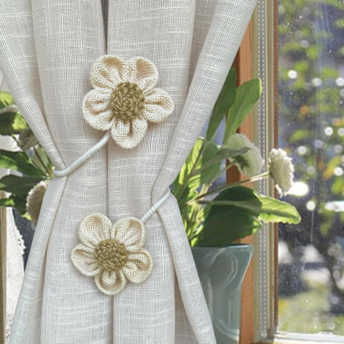 Curtain Tiebacks for Curtains, Boho Holdbacks with Flower Decor, Jute Rope Tie Backs for Indoor Outdoor Use, Set of 4