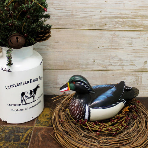 CVHOMEDECO Primitives Hand Engraving Painted Wood Wild Duck Figurine, Farmhouse Decorative Accent 10-1/2 Inch