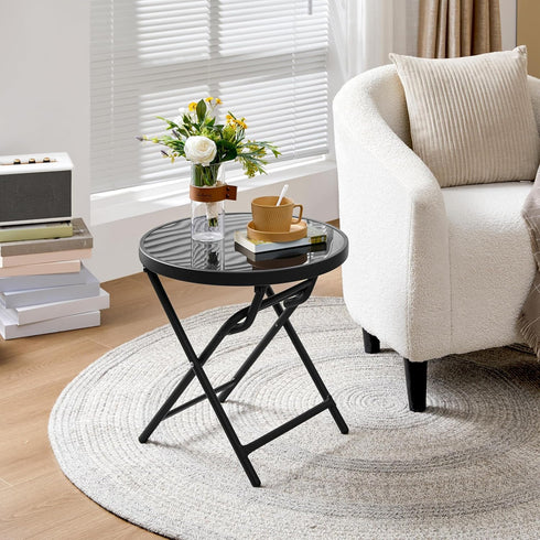Yaheetech Outdoor Folding Side Table, Round Patio Folding End Table with Silk Tempered Glass Tabletop, Portable Small