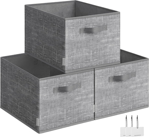 SONGMICS Storage Baskets, Set of 3 Fabric Storage Bins, Foldable Closet Organizer for Bedroom, Living Room, Cattail Gray