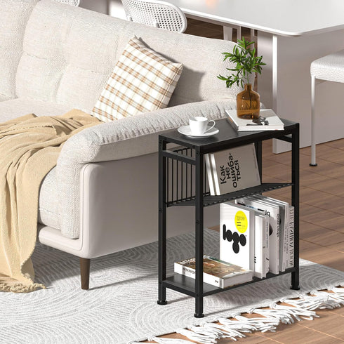 7.1"D 17"W 21.7"H, Side Table for Small Spaces, Narrow End Table with Adjustable V-Shaped Magazine Rack, x x Black
