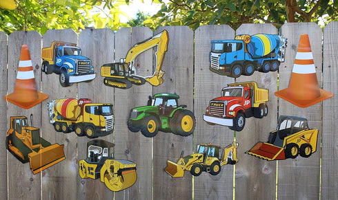 Jayd Products 12 Large Construction Trucks and Traffic Cones Cutouts for Kids' Construction Party Decorations