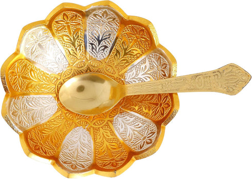 SATVIK 1 Pc 4 Inch Designer Gold Silver Plated Lotus Flower Dessert Bowl with Spoon Set, Embossed Serving Bowl for