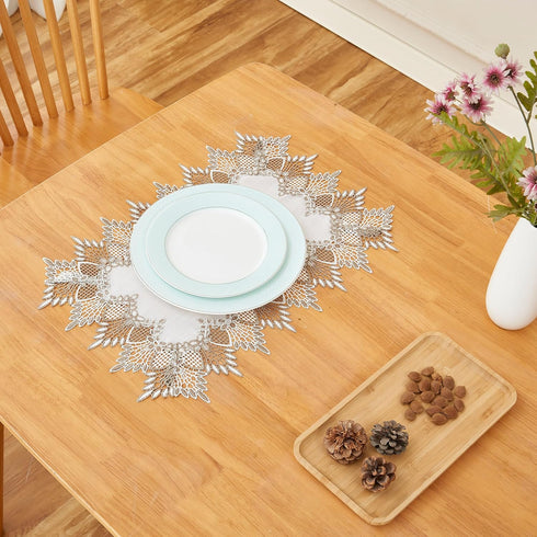 14x20 Set 2, (Set 2, White Linen Placemats of Neutral Earth Tones Beige Lace Coffee Table Topper Dresser Scarf Place