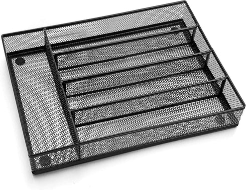 LIANYU Silverware Utensil Drawer Organizer - 5 Compartments Steel Mesh Tray with Foam Feet, Black