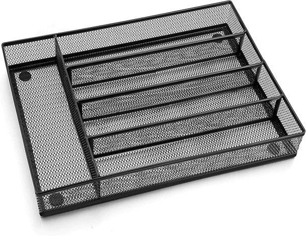 LIANYU Silverware Utensil Drawer Organizer - 5 Compartments Steel Mesh Tray with Foam Feet, Black