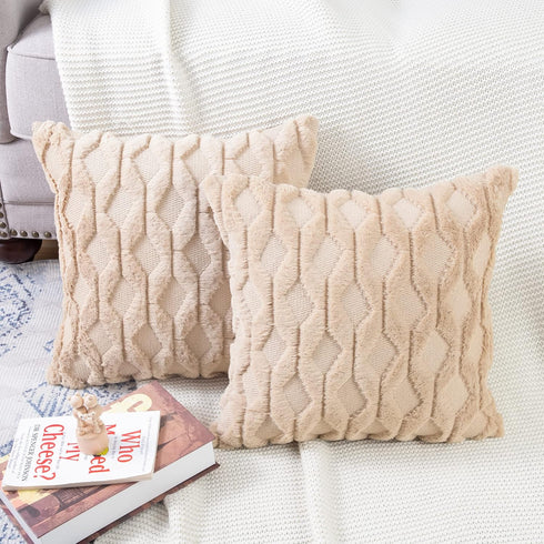 MADIZZ Set of 2 Soft Plush Short Wool Velvet Decorative Throw Pillow Covers 16x16 inch, Khaki Square Luxury Style