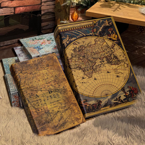 Decorative Book Box Set of 2, Vintage Style Faux Book Storage Boxes, Globe Antique Books for Home Decoration