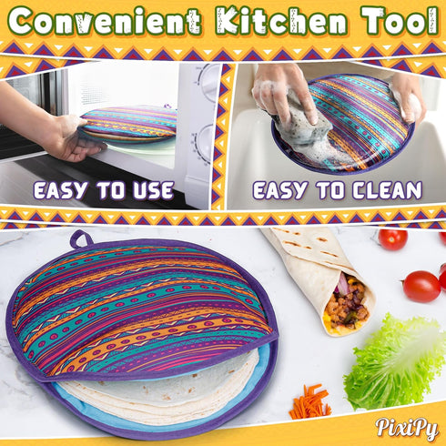 PixiPy Tortilla Warmer Pouch (Multicolor, 12 Inch) - Microwavable Fabric Heater Pouch to Keep Tortillas Soft & Warm